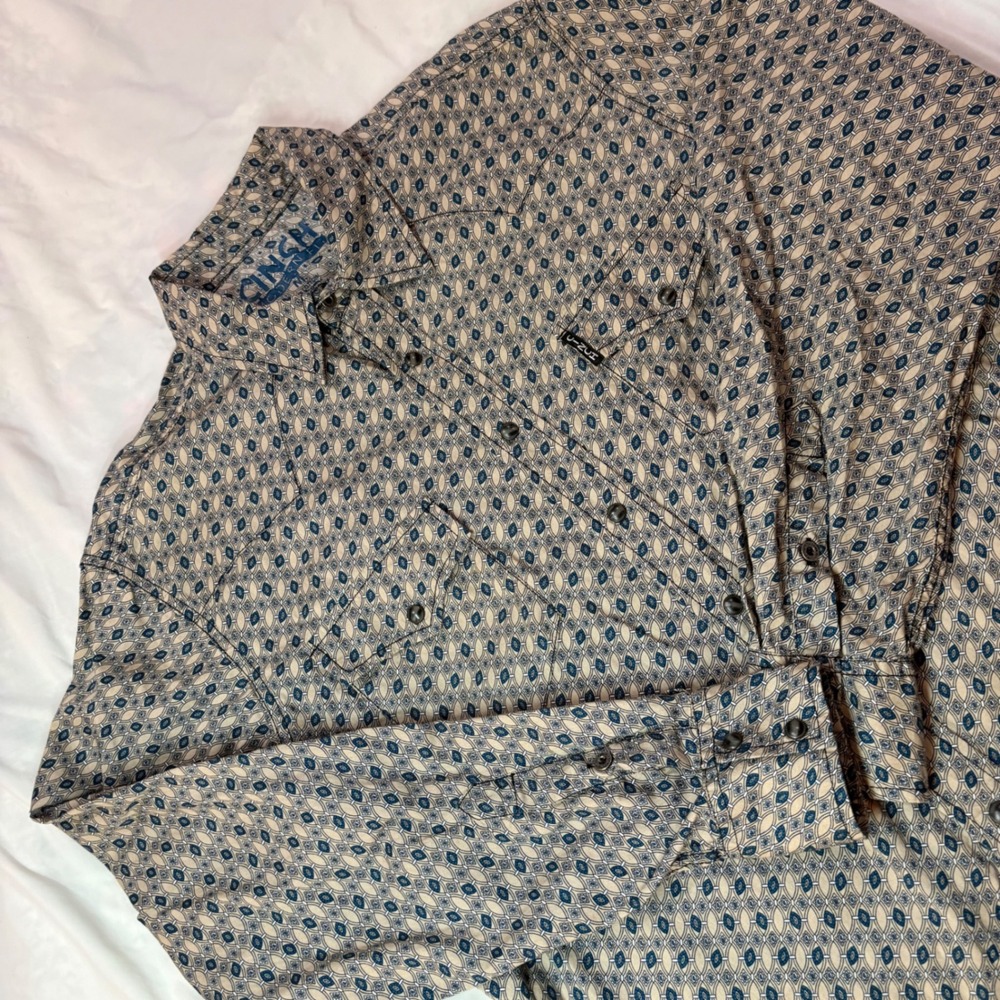 Cinch Modern Fit Mens Medium Blue Tan Geometric Diamond Button Down MTW1303056